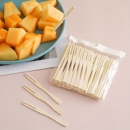 100pcs, Bamboo Disposable Fruit Forks Wooden Food Dessert Cocktail Picks For Wedding Birthday Party Home Decor Tableware Supplies