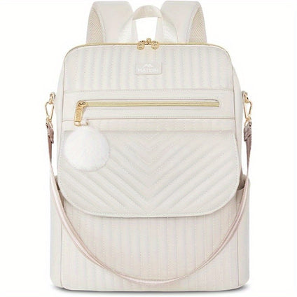 1pc Quilted Laptop Backpack For Women, 39.62 Cm Soft Leather Backpack, Fashion Water Resistant Shoulder Bag, Anti-theft Cute Handbag For Work, Beige