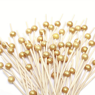 100pcs, Cocktail Sticks, Cocktail Handmade Wooden Toothpicks, Golden Pearl Bamboo Cocktail Skewers, Christmas Mother's Day Party Supplies, Party Supplies, Banquet Supplies, Accessories