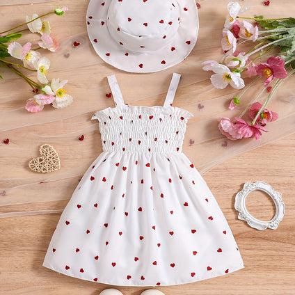 Retro Heart Pattern Sleeveless Dress & Hat Set for Baby Girls - Perfect Summer and Spring Gift!