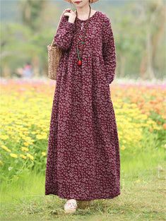 Floral Print Crew Neck Dress, Casual Long Sleeve Comfy Dress For Spring & Fall, Women's Clothing