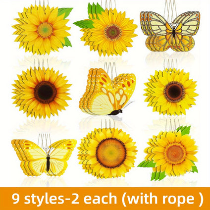 18pcs Wooden Spring Sunflower Yellow Butterfly Hanging Decoration Pendant For Outdoor Festival Party (with Rope), Home Decor, Scene Decor, Theme Party Decor, Wall Decor