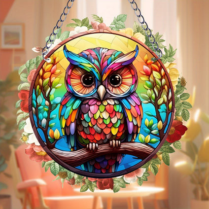 1pc Colorful Owl Suncatcher Wall Sign, Round Dyed Acrylic Wall Art, Hanging Plaque Pendant, For Door Farmhouse Festival Decor, For Window Yard Garden Bar Home Room Office Decor, Housewarming Gift, Teacher Gift, School Season Gifts