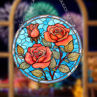 1pc Red Rose Pattern Suncatcher Wall Sign, Round Dyed Acrylic Wall Art, Hanging Plaque Pendant, For Door Farmhouse Festival Decor, For Window Yard Garden Bar Home Room Office Decor, Housewarming Gift, Teacher Gift, School Season Gifts