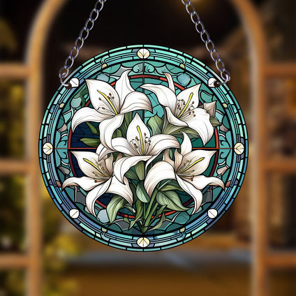 1pc White Lily Flower Suncatcher Wall Sign, Round Dyed Acrylic Wall Art, Board Hanging Plaque Pendant, For Door Farmhouse Festival Decoration, For Window Yard Garden Bar Home Room Office Decor, Housewarming Gift, Family Gift, Teacher Gift