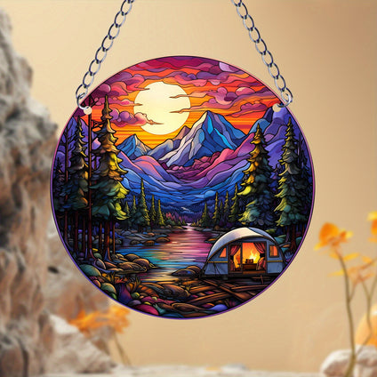 1pc Sunset Camping Suncatcher Wall Sign, Round Dyed Acrylic Wall Art, Hanging Plaque Pendant, For Door Farmhouse Festival Decor, For Window Yard Garden Bar Home Room Office Decor, Housewarming Gift, Teacher Gift, School Season Gifts