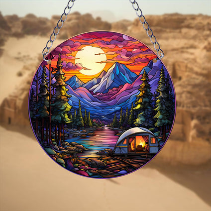 1pc Sunset Camping Suncatcher Wall Sign, Round Dyed Acrylic Wall Art, Hanging Plaque Pendant, For Door Farmhouse Festival Decor, For Window Yard Garden Bar Home Room Office Decor, Housewarming Gift, Teacher Gift, School Season Gifts