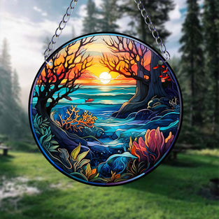 1pc Lake And Sun Pattern Suncatcher Wall Sign, Round Dyed Acrylic Wall Art, Hanging Plaque Pendant, For Door Farmhouse Festival Decor, For Window Yard Garden Bar Home Room Office Decor, Housewarming Gift, Teacher Gift, School Season Gifts