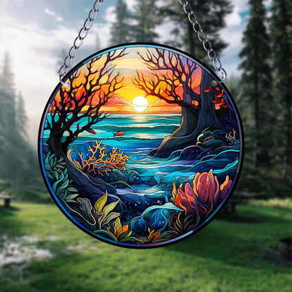 1pc Lake And Sun Pattern Suncatcher Wall Sign, Round Dyed Acrylic Wall Art, Hanging Plaque Pendant, For Door Farmhouse Festival Decor, For Window Yard Garden Bar Home Room Office Decor, Housewarming Gift, Teacher Gift, School Season Gifts