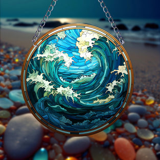 1pc Sea Wave Suncatcher Wall Sign, Round Dyed Acrylic Wall Art, Hanging Plaque Pendant, For Door Farmhouse Festival Decor, For Window Yard Garden Bar Home Room Office Decor, Housewarming Gift, Teacher Gift, School Season Gifts