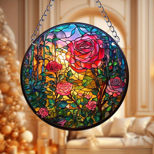 1pc Garden Red Rose Pattern Suncatcher Wall Sign, Round Dyed Acrylic Wall Art, Hanging Plaque Pendant, For Door Farmhouse Festival Decor, For Window Yard Garden Bar Home Room Office Decor, Housewarming Gift, Teacher Gift, School Season Gifts