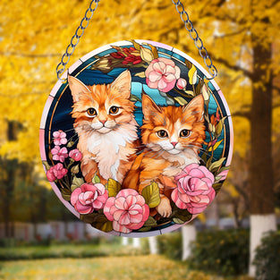 1pc Orange Cat Suncatcher Wall Sign, Round Dyed Acrylic Wall Art, Board Hanging Plaque Pendant, For Door Farmhouse Festival Decoration, For Window Yard Garden Bar Home Room Office Decor, Housewarming Gift, Family Gift, Teacher Gift