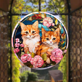 1pc Orange Cat Suncatcher Wall Sign, Round Dyed Acrylic Wall Art, Board Hanging Plaque Pendant, For Door Farmhouse Festival Decoration, For Window Yard Garden Bar Home Room Office Decor, Housewarming Gift, Family Gift, Teacher Gift