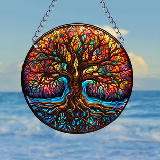 1pc Tree Of Life Suncatcher Wall Sign, Round Dyed Acrylic Wall Art, For Door Farmhouse Festival Decoration, For Window Yard Garden Bar Home Room Office Decor, Housewarming Gift, Family Gift, Teacher Gift