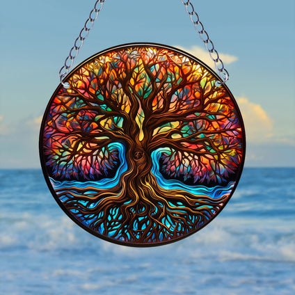 1pc Tree Of Life Suncatcher Wall Sign, Round Dyed Acrylic Wall Art, For Door Farmhouse Festival Decoration, For Window Yard Garden Bar Home Room Office Decor, Housewarming Gift, Family Gift, Teacher Gift