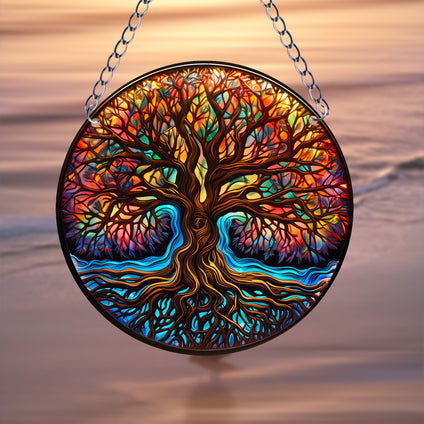 1pc Tree Of Life Suncatcher Wall Sign, Round Dyed Acrylic Wall Art, For Door Farmhouse Festival Decoration, For Window Yard Garden Bar Home Room Office Decor, Housewarming Gift, Family Gift, Teacher Gift