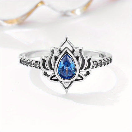 1pc 925 Sterling Silver Ring Sparkling Lotus Design Inlaid Shining Zirconia In Waterdrop Shape Suitable For Men And Women High Quality Jewelry