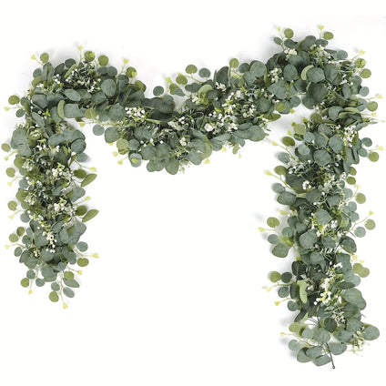 1 Pack Eucalyptus Garland With White Flowers, 179.83cm Silvery Dollar Eucalyptus Leaves Gypsophila Garland Artificial Plastic Green Eucalyptus Leaves Farmhouse Outdoor Wreath For Home Front Door Summer Decor Party Decor Room Decor Wedding Decoration