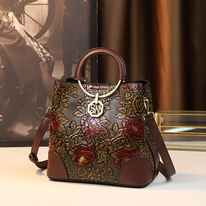 Fashion Top Handle Satchel, Elegant Floral Embossed Tote Bag, Women's Trendy Handbag & Purse