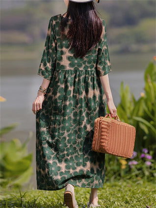 Floral Print Crew Neck Dress, Elegant Short Sleeve Dress For Spring & Summer, Women's Clothing