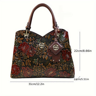 Vintage Flower Pattern Handbag, Classic Style Luxury PU Leather Tote Bag For Women