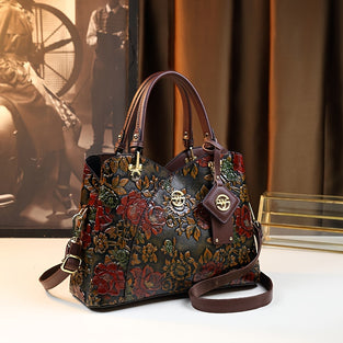 Vintage Flower Pattern Handbag, Classic Style Luxury PU Leather Tote Bag For Women