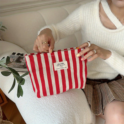 1Pc Lipstick Bag, Fresh Striped Cosmetic Bag, Toiletry Bag, Storage Bag, Large Capacity, Portable, Simple Hand-held Cosmetic Bag, Coin Purse, Suitable For Spring And Summer