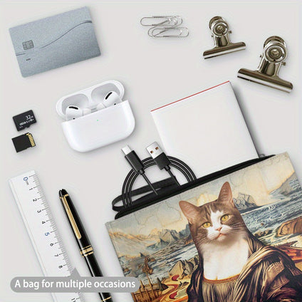 Fashionable Mona Lisa Cat New Handbag, Large Capacity PU Leather Handbag, Trendy Clip Bag Cosmetic Bag, Business Men's Bag