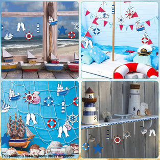 18pcs/set Wooden Hanging Summer Blue Lighthouse Star Fish Sea Ship Decorations Pendant For Courtyard Window Festival Party Supplies (with Rope)