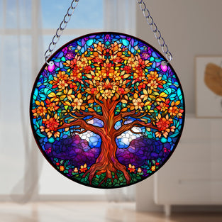 1pc Tree Of Life Suncatcher Wall Sign, Round Dyed Acrylic Wall Art, Farmhouse Decor, For Door Farmhouse Festival Decor, For Window Yard Garden Bar Home Room Office Decor, Housewarming Gift, Teacher Gift, School Season Easter Gifts