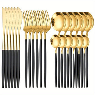 24-Piece Elegant Gold Stainless Steel Flatware Set – Includes Knives, Forks, Coffee & Teaspoons – Dishwasher Safe Luxury Dinnerware