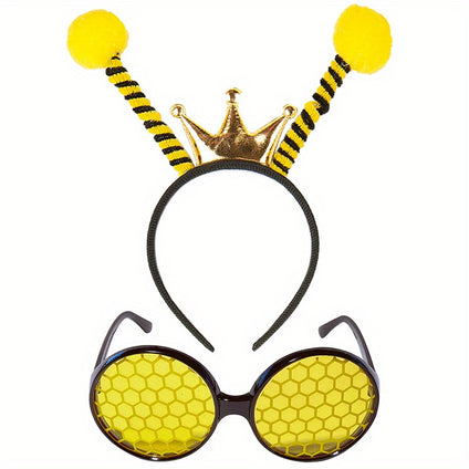 1pc, Bee Antenna Headband And Sunglasses Set, Bumblebee Party Costume Accessories With Yellow Pom-Poms, Polyester Material, 22.0 Cm Headband, Festive Role Playing Gift