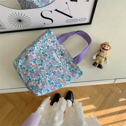Floral Canvas Tote Bag For Women, Multipurpose Korean Style Handbag, Portable Beauty Flower Storage Organizer For Shopping, Lunch, Phone, Toiletries