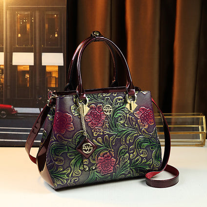 Vintage Floral Embossed PU Leather Handbag For Women, 2024 Fashion National Style Tote Bag, Versatile Commuter Bag