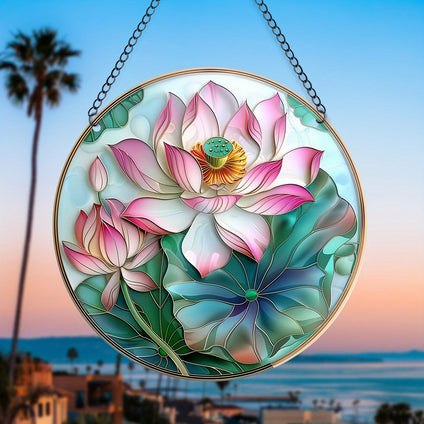 1pc, Lotus Suncatcher Wall Sign(15cm*15cm), Round Dyed Acrylic Wall Art, Hanging Plaque Pendant, For Door Farmhouse Festival Decor, For Window Yard Garden Bar Home Room Office Decor, Housewarming Gift, Wedding Decor, Mother's Day Gifts