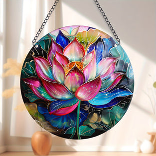 1pc, Lotus Suncatcher Wall Sign (15cm*15cm), Round Dyed Acrylic Wall Art, Hanging Plaque Pendant, For Door Farmhouse Festival Decor, For Window Yard Garden Bar Home Room Office Decor, Housewarming Gift, Wedding Decor, Mother's Day Gifts