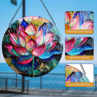 1pc, Lotus Suncatcher Wall Sign (15cm*15cm), Round Dyed Acrylic Wall Art, Hanging Plaque Pendant, For Door Farmhouse Festival Decor, For Window Yard Garden Bar Home Room Office Decor, Housewarming Gift, Wedding Decor, Mother's Day Gifts