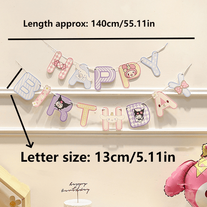 Hello Kitty Melody Cartoon Birthday Flag Banner, Cute Girl Party Wall Decoration, Authorized Y2k Cinnamoroll Sweet Birthday Photography Props