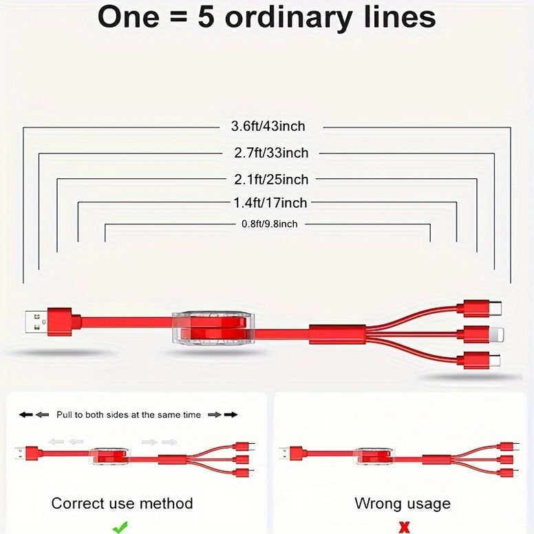 Om-En MFi Certified 3-in-1 Retractable USB Cable: Universal Charging Solution for iPhone, Android, and Type-C Devices