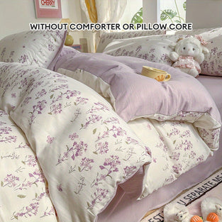 Floral Duvet Cover Set - 4 Piece Vintage Purple Flower Patterned Bedding with Zipper Closure, Breathable Polyester Fabric, Machine Washable, All-season Comfort - Includes Duvet Cover, Flat Sheet, and 2 Pillowcases (No Duvet Insert or Pillow Core)