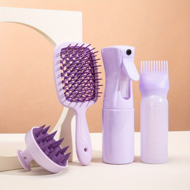 Ultimate Hair Care Set: Silicone Massage Brush, Oil Applicator Bottle, Detangling Comb, Hair Dyeing Kit and Salon Accessories in Purple