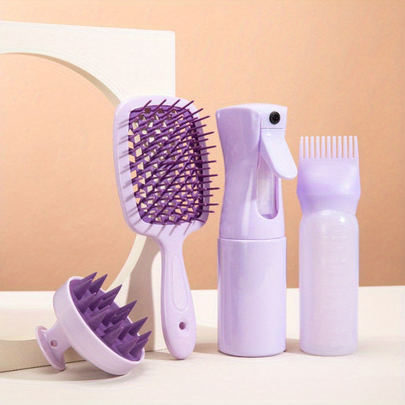 Ultimate Hair Care Set: Silicone Massage Brush, Oil Applicator Bottle, Detangling Comb, Hair Dyeing Kit and Salon Accessories in Purple