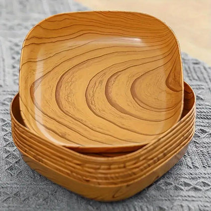 4-Piece Set PP Polypropylene Imitation Wood Grain Snack Plates, Lightweight Durable Dessert Dishes, Melon Fruit Candy Bowl for Outdoor Camping, Picnic Essentials