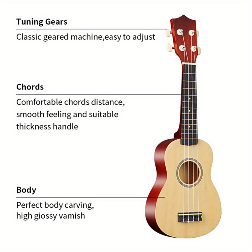 Premium 21-Inch Beginner Ukulele: Hawaiian Soprano Ukelele with Four-String Wood Design and High Gloss Body