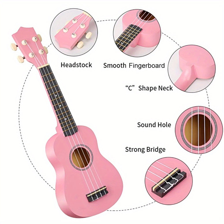 Premium 21-Inch Beginner Ukulele: Hawaiian Soprano Ukelele with Four-String Wood Design and High Gloss Body