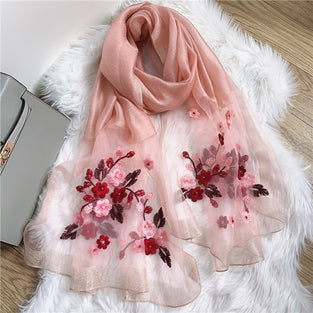 70.1cm×190.5cm Imitation Silk Scarf Floral Embroidered Beaded Thin Scarves Shawl Beach Towel Sunscreen Head Wrap Windproof Hijab