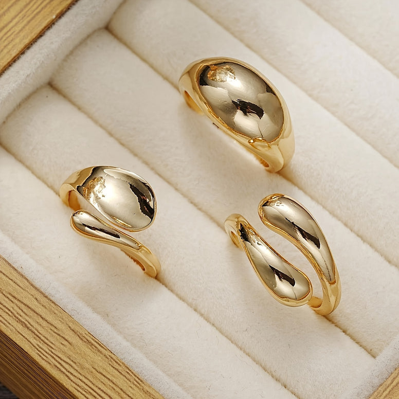 Chunky Geometric Irregular Designs: 3-Piece Gold Tone Ring Set for Everyday Wear and Special Occasions