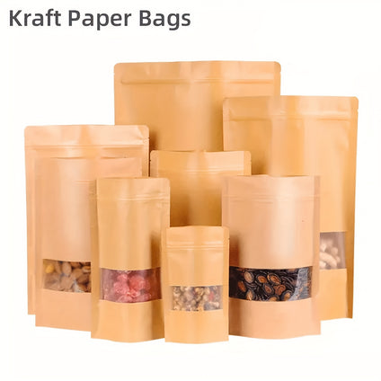 100pcs Kraft Paper Bags With Clear Window, Self-Sealing Pouches, Retail Packaging, Party Favors Bags, Gift Bags, Food Storage Paper Pouches, Food Packaging Supplies