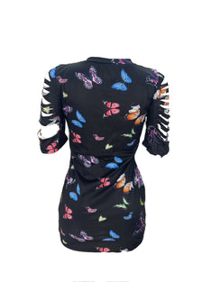 Butterfly Print Cut Out Dress, Sexy Short Sleeve Crew Neck Mini Dress, Women's Clothing