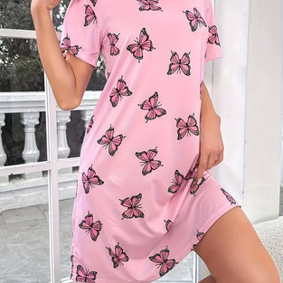 Butterfly Print Crew Neck Dress, Casual Short Sleeve Dress For Spring & Summer, Women's Clothing